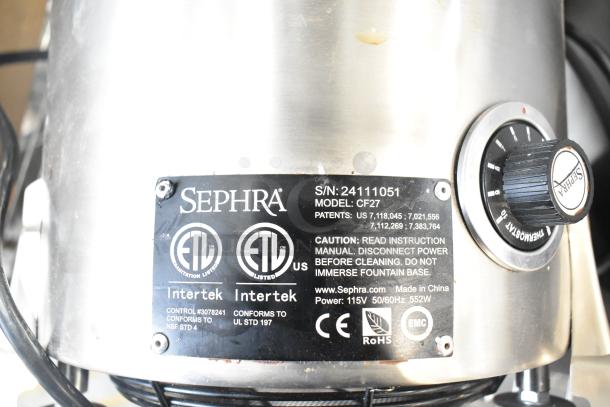 Sephra CF27 Countertop Fountain, 115V, 1 Phase, ETL listed, with thermostat knob and caution label.