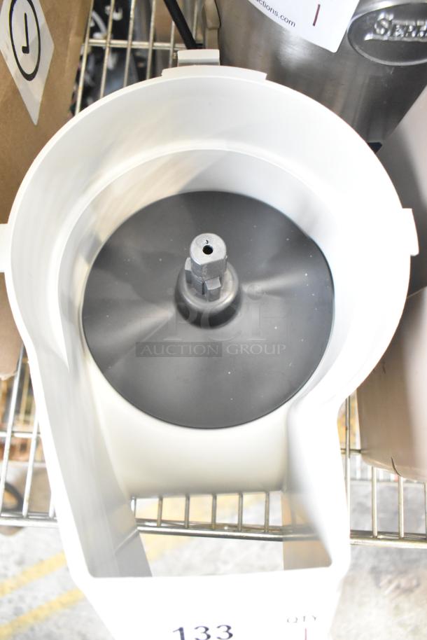 Gray poly continuous feed head attachment for food processor, brand new with minor scratches. Ideal for efficient kitchen prep.