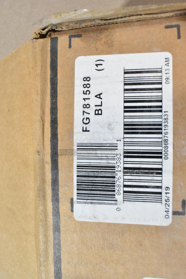 Cardboard box label displaying "FG781588 BLA" and barcodes, contains Rubbermaid Sturdy Chair Tray, new with scratch and dent.