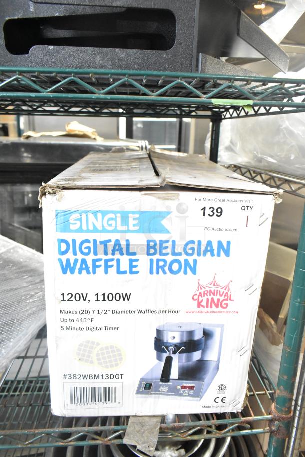 Brand new Carnival King WBM13DGT Non-Stick Belgian Waffle Maker. Features digital timer, temperature controls, 120V, 1 phase. Box shows signs of wear; item inside is new.