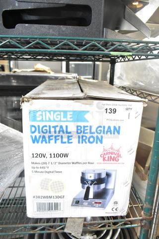 Brand new Carnival King WBM13DGT Non-Stick Belgian Waffle Maker. Features digital timer, temperature controls, 120V, 1 phase. Box shows signs of wear; item inside is new.