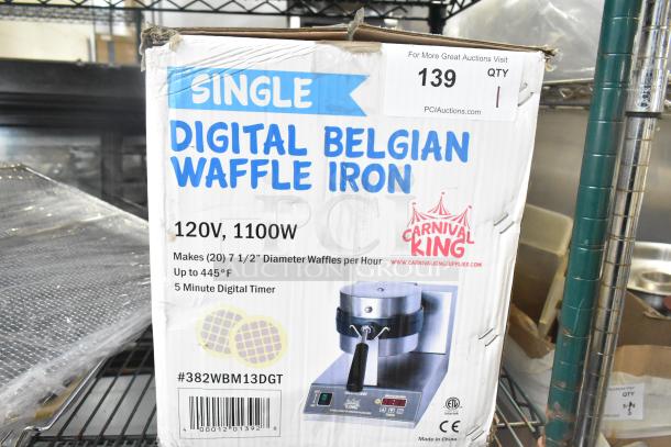 Brand new Carnival King WBM13DGT Belgian Waffle Maker with digital controls, 120V, 1100W, makes 20 waffles/hour. Box has minor damage.