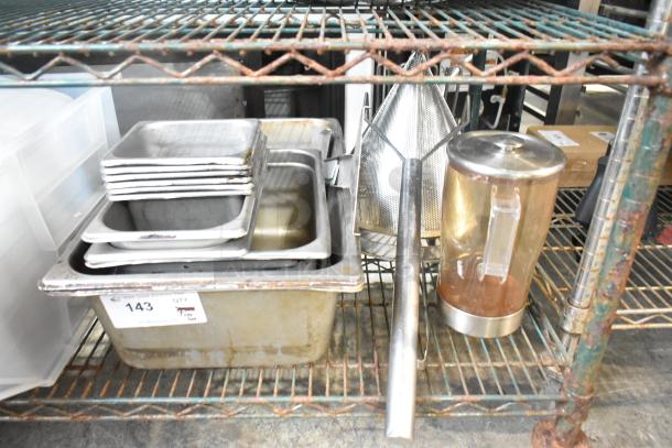 Tier lot featuring drop-in bins, beverage dispenser, and kitchen items on a metal shelf. Various conditions, lot number 143.