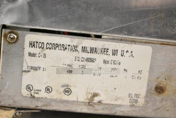 Hatco C-15 commercial booster water heater label, 480V, 3 Phase, showing model number, voltage, and certifications.