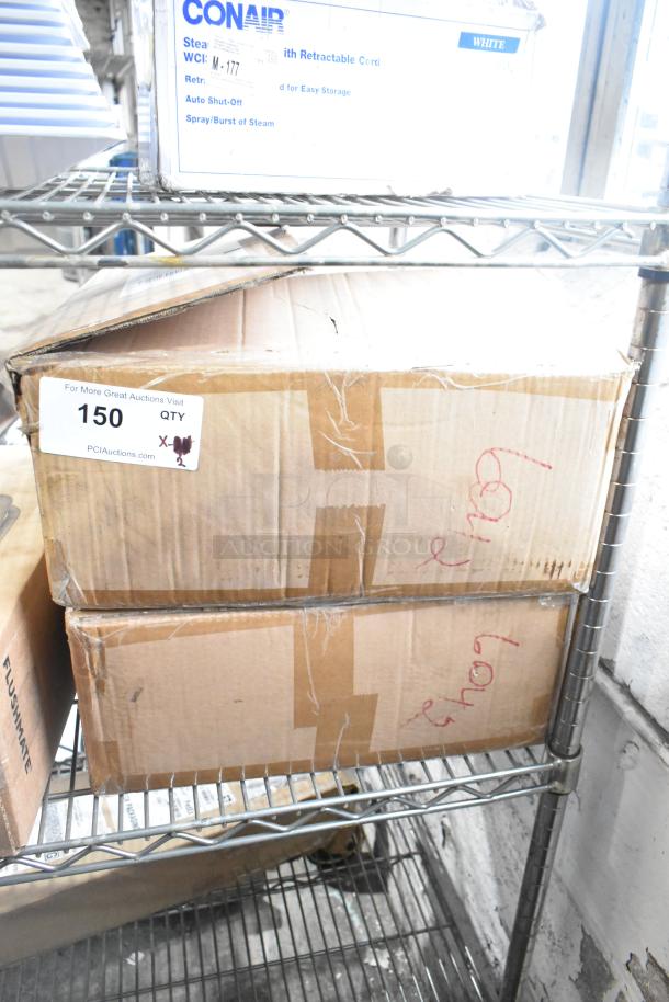 Cardboard boxes labeled with auction sticker "Lot 150" containing 2 brand new 90x132 inch rectangular linen tablecloths, with minor packaging wear.