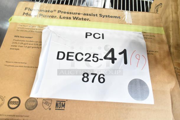 Brand new Flushmate M-101526-F3B 501A/501B system, 1.6 GPF, with push button. Box shows scratch and dent with label "PCI DEC25-41".