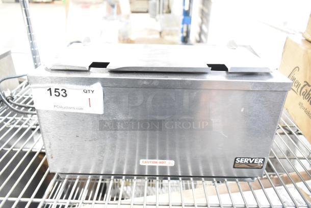 Server DI-2 92020 3 Qt. Double Cone Dip Warmer, stainless steel, 120 volts, 1 phase, shown with caution label.