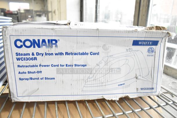 Conair steam and dry iron WCI306R, new in box; retractable cord, auto shut-off, spray burst features, white color.