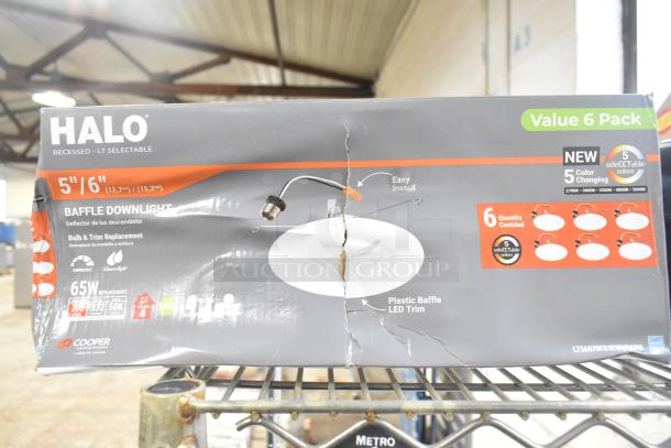 Halo LT56079FS1EWHR6PK Baffle Downlight Set in original box, 5"/6" size, 5 color settings, dimmable, 6-pack, easy install.