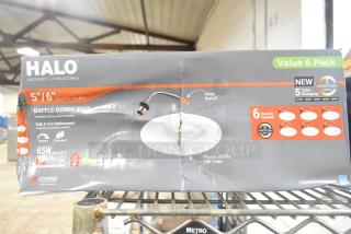 Halo LT56079FS1EWHR6PK Baffle Downlight Set in original box, 5"/6" size, 5 color settings, dimmable, 6-pack, easy install.