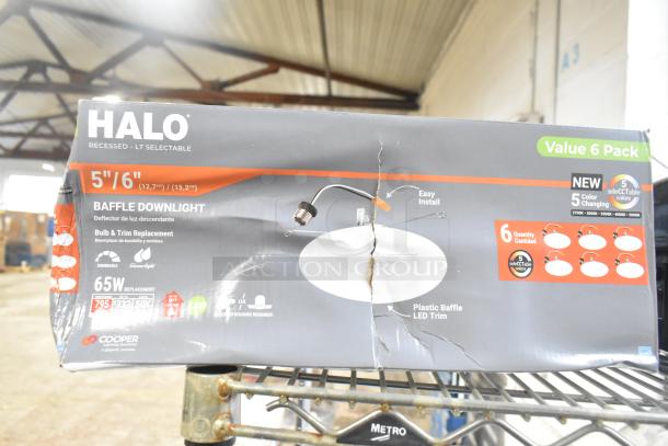 Halo LT56079FS1EWHR6PK Baffle Downlight Set, original box, six-pack, 5"/6" adjustable, LED, 5 color temp options, dimmable.