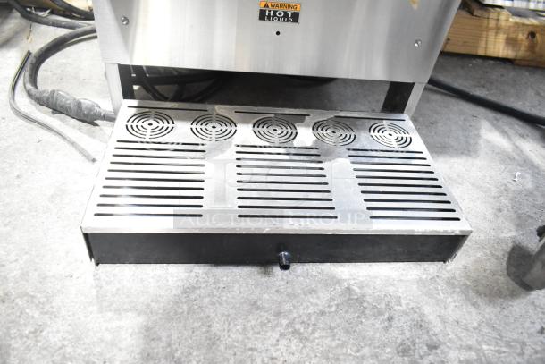 Bunn IMIX-5 commercial cappuccino machine, stainless steel, visible wear, hot liquid warning label, 120/208-240V, 1 phase.