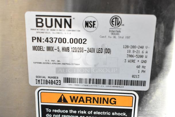 Bunn IMIX-5 Commercial Cappuccino Machine label showing model, voltage details, and serial number IMIX040423.