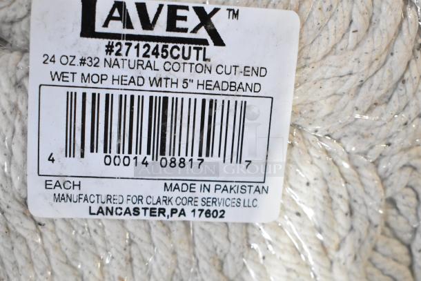Lavex 24 oz. #32 natural cotton wet mop head with 5" headband, brand new. Made in Pakistan. Includes barcode and item details.