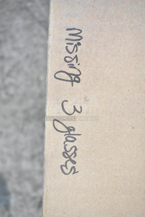 Box lid with handwritten note indicating "Missing 3 glasses." Contains Reserve 9324 Prism wine glasses, topping dispensers.