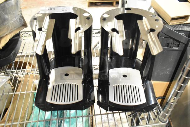 Set of two black beverage dispenser bases, stainless steel brackets, used condition, auction tag reads "161 QTY x2".