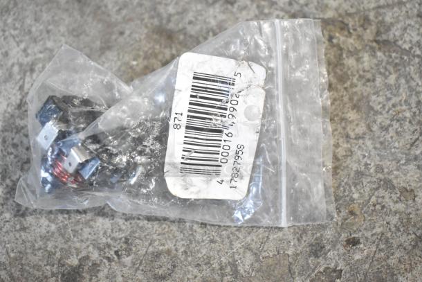 Bag containing Avantco 1782795S start relay, plastic fitting, and labeled parts. Includes barcode tag with item number.