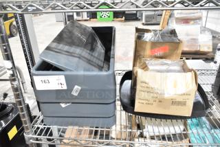 6 items: 3 Gray Slim Jim Trash Can Lids 34202423, SPSCS Winco Steam Pan Lids. Includes original packaging.