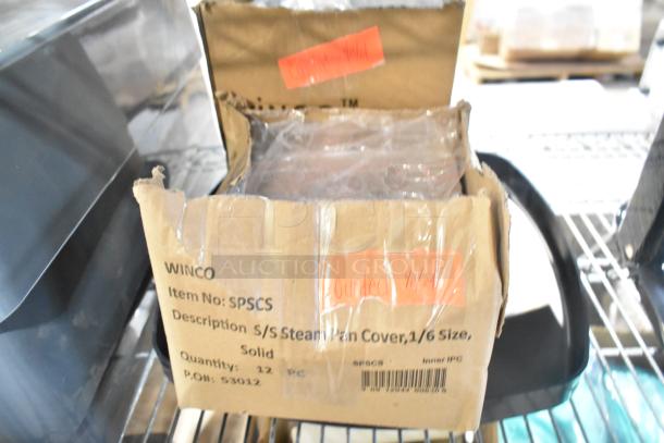 Box containing SPSCS Winco steam pan lids, marked with "Counted" sticker, alongside 3 gray Slim Jim trash can lids.