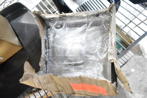 Six items including three Gray Slim Jim Trash Can Lids, model 34202423, and Winco steam pan lids; visible packaging.