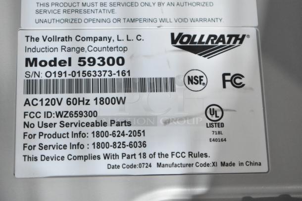 Vollrath 59300 Mirage® Cadet induction range label showing model, 120V, 1800W specs, and compliance marks.
