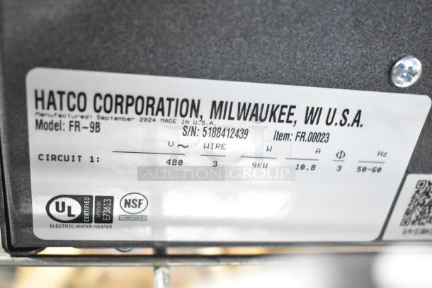 Hatco FR-9B Food Rethermalizer label showing 480 volts, 3-phase power, 9 kW. UL and NSF certified. Serial number 5188412439.