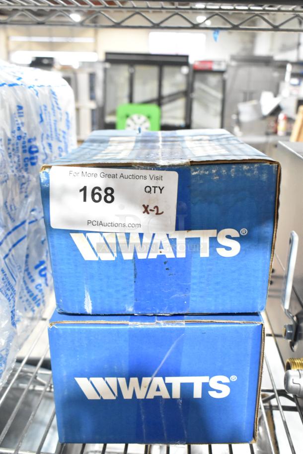 Two new Watts 6A767 007-M2-QT-S double check valve assemblies, 3/4 inch. Scratch and dent condition. Box labeled "168 x-2".