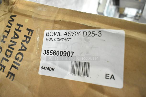 Cardboard box with label reading "BOWL ASSY D25-3," item code 385600907, Crathco beverage dispenser assembly, fragile markings.