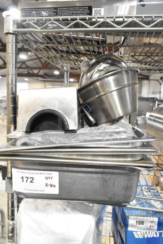 10 various items including stainless steel drop-in bins and brew basket, shown on a metal rack, auction lot 172.