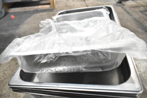 Stainless steel drop-in bins, brew basket, clear plastic liners, lightly used condition. 10 items total, auction lot.