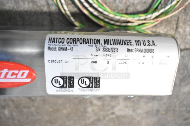 BRAND NEW Hatco GRNM-42 Heat Lamp, 208 Volts, 1 Phase, with minor scratches. UL certified. Model and serial labels visible.