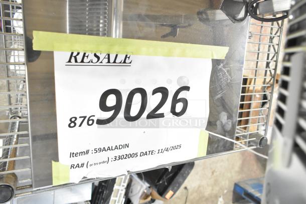 BRAND NEW Pavoni ALADIN Stainless Steel Sugar Heating Lamp, 120V, Model 59AALADIN, minor scratches and dents, resale tag visible.