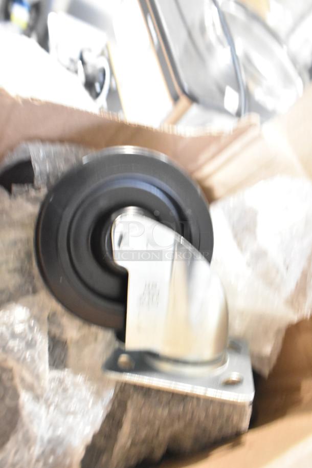 Lot of 6 Cooking Performance Group 351CASTER6 casters, 4 3/4" range plate, brand new with minor scratches.