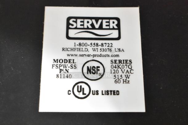 Label for Server FSPW-SS 81140 Hot Topping Warmer. Model and series info, 120V, 515W, NSF and UL listed.