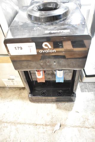 Avalon A1CTWTRCLRBLK countertop water cooler dispenser, top-loading, hot/cold, black, 115V, 1 phase, dual spouts, good condition.