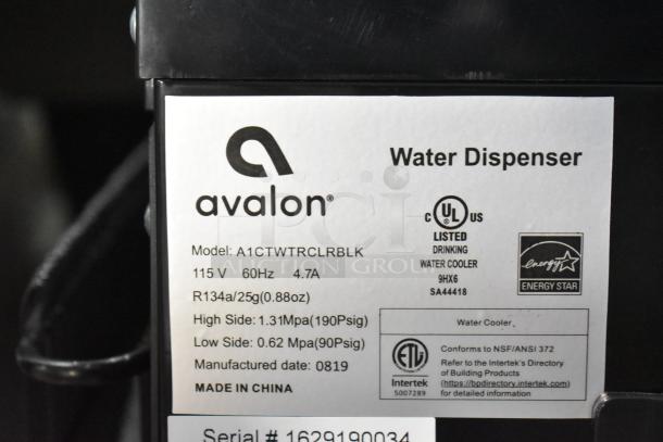 Avalon A1CTWTRCLRBLK water cooler dispenser, 115V, Energy Star certified, model details label shown, made in China.