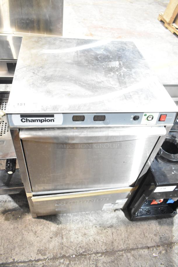 Champion UH130B commercial undercounter dishwasher, visible controls, stainless steel body, 120-208/230V, 1 phase.