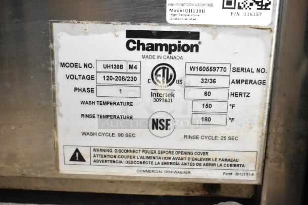 Champion UH130B commercial dishwasher label. Voltage: 120-208/230V, Phase: 1. NSF certified, model and safety details visible.