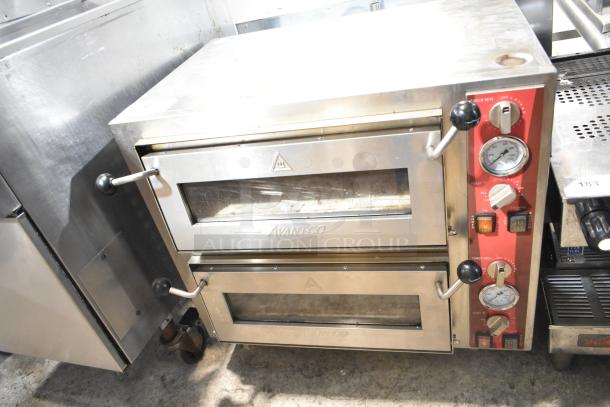 Avantco 177DPO18DD double deck countertop pizza/bakery oven with two chambers, visible controls, and cooking stones.