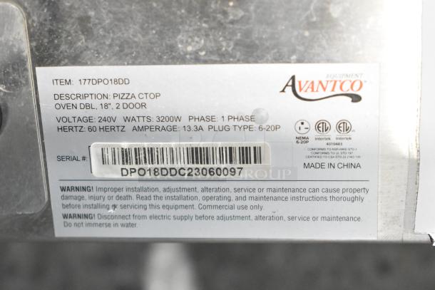Avantco 177DPO18DD Double Deck Countertop Oven label, 240V, 60Hz, 3200W, 1 Phase. Features two chambers, cooking stones. Serial: DPO18DDC23060097.