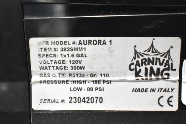 Carnival King Aurora 1 Single 1.6 Gal Frozen Beverage Machine tag; Model #382SMM1, 120V, 350W, Made in Italy.