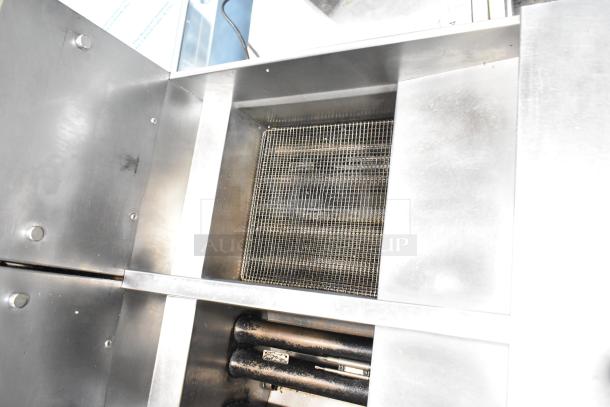 Pitco Frialator SG14-S 2-bay deep fryer, stainless steel design, 110,000 BTU, shown open with internal components visible.