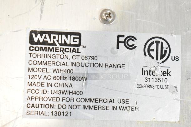 Waring WIH400 Induction Range label showing model WIH400, 120V, 60Hz, 1800W. Made in China, FCC ID: U43WIH400.