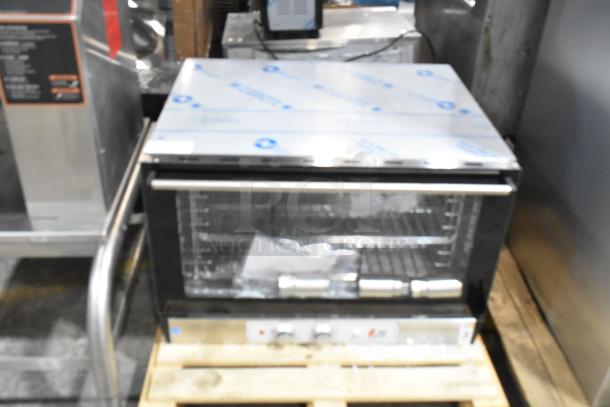 Cooking Performance Group 351COFT4M electric convection oven with moisture injection, 4-tray capacity, broken glass visible.