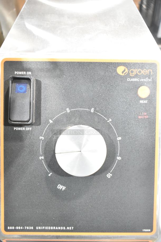 Groen TDH-48C commercial steam kettle control panel, manual tilt, 52,000 BTU, natural gas, 12 gal capacity, on/off switch.