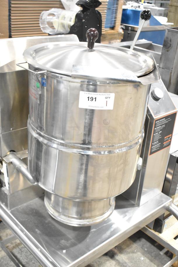 Groen TDH-48C 12 Gallon Steam Kettle, natural gas powered, manual tilt, 52,000 BTU, stainless steel, label states model and BTU.