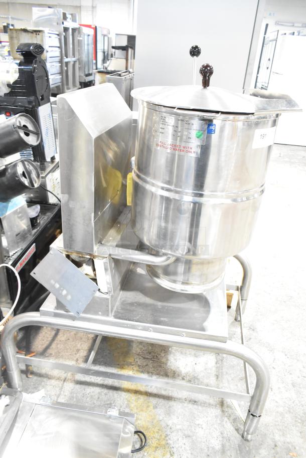 Groen TDH-48C 12 Gallon Steam Kettle, natural gas, 52,000 BTU, manual tilt, stainless steel, commercial use, visible label.