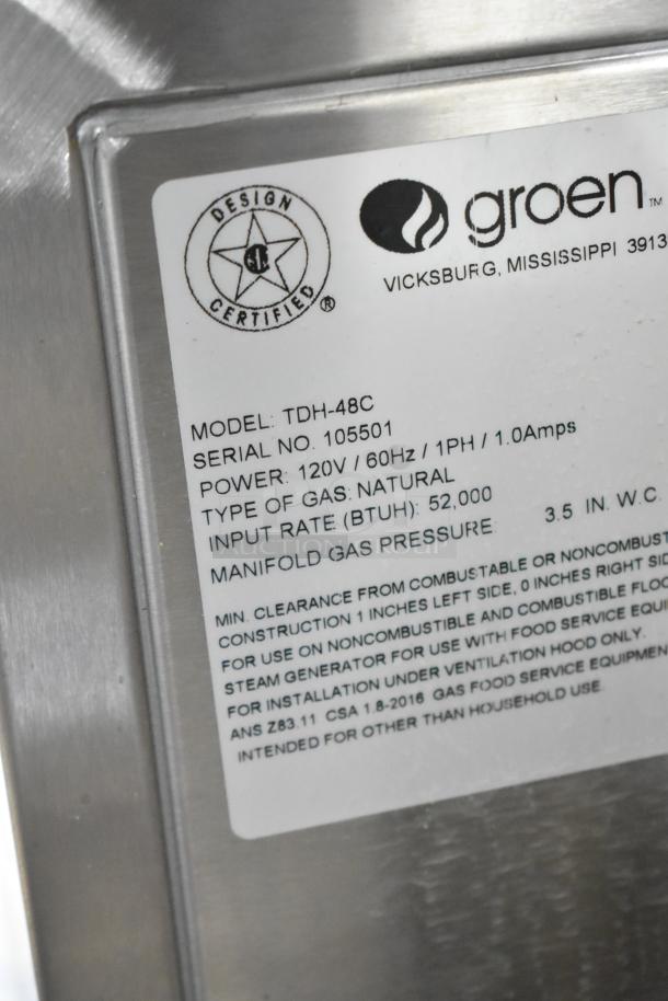 Groen TDH-48C 12-gallon steam kettle label. 52,000 BTU, natural gas, 120V/60Hz, design certified. Serial No. 105501.
