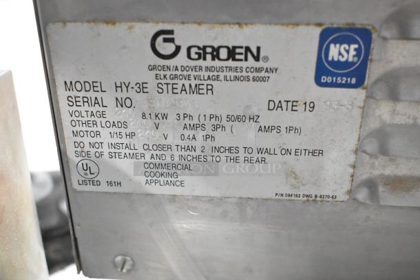 Groen HY-3E HyPer Steam Cabinet, electric, single deck, 240V, 3-phase, model label showing voltage and UL listing.