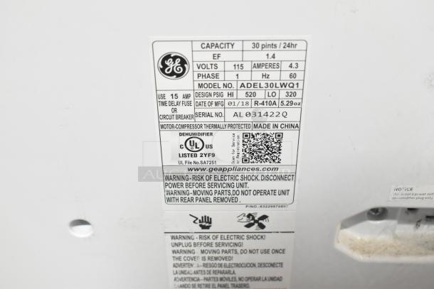 Label on 2018 GE ADEL30LWQ1 Dehumidifier. Shows 115 volts, 1 phase, 30 pints/24hr capacity. Serial AL031422Q.